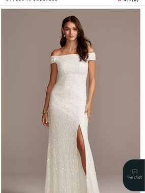 David's Bridal White Sequin Wedding Gown with Front Slit